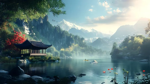 Tranquil lakeside pavilion beneath luminous alpine peaks.
