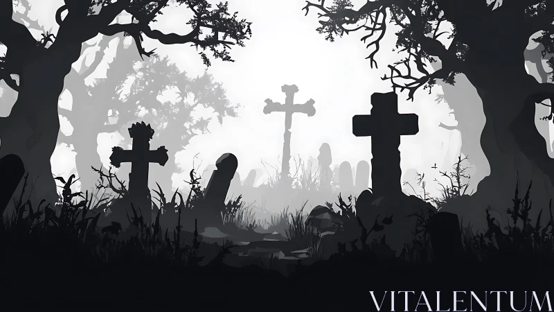 Fogbound graveyard silhouettes in whispering grayscale hush.