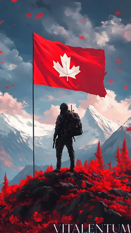 Canadian soldier overlooks scarlet alpine valley panorama.