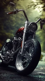 Custom chrome motorcycle on wet forest roadway at dusk.