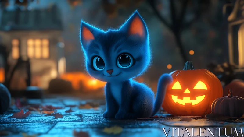 Luminescent Blue Kitten with Jack-O'-Lantern in Autumn Dusk Setting.