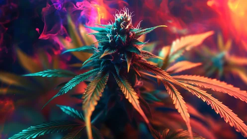 Radiant cannabis blossom glows in vivid neon dreamlight