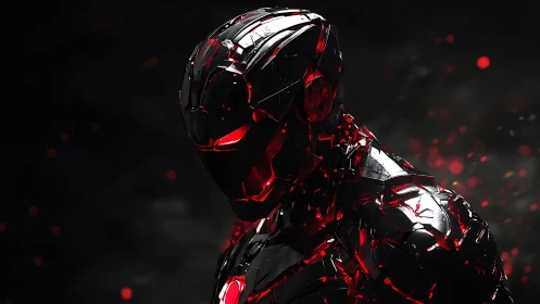 Armored cybernetic warrior glows through fractured red armor