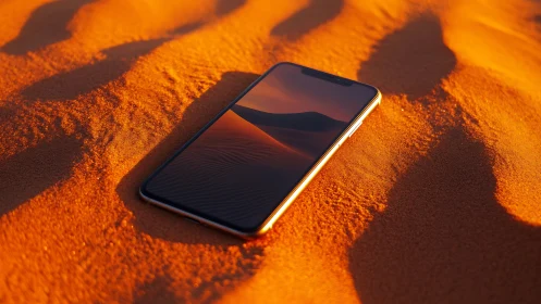 Smartphone on Desert Sand with Golden Hour Lighting.
