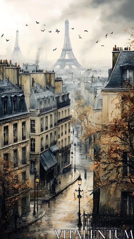 Moody autumn Paris street with Eiffel Tower in misty distance