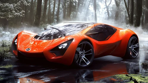 Futuristic orange supercar in misty forest environment.