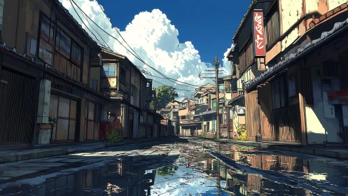 Sunlit wet street in stylized Japanese alley with reflective puddles