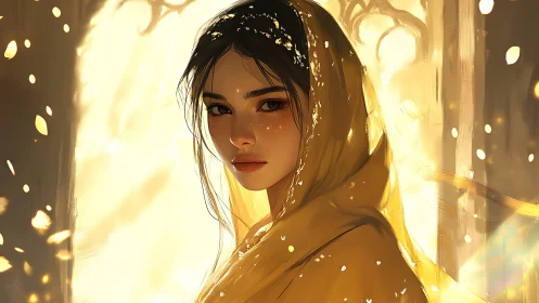 Radiant hooded portrait with particulate golden backlighting.