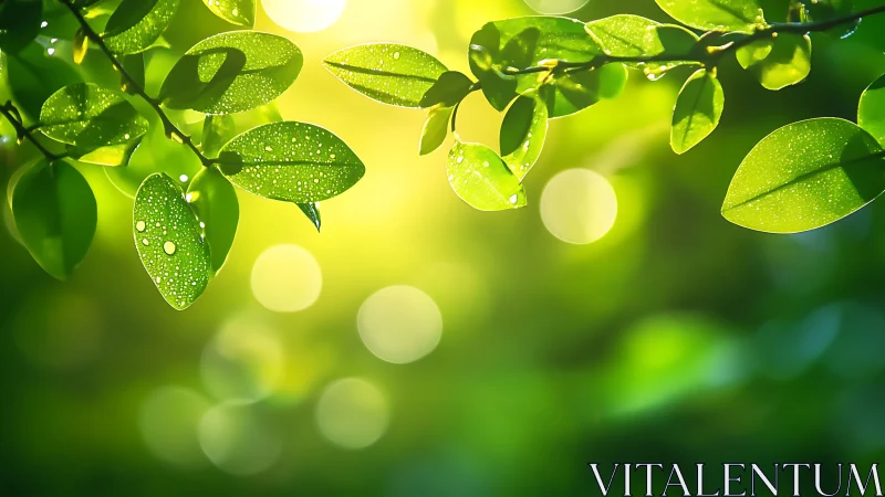 Morning dew on fresh green leaves glows in soft forest light