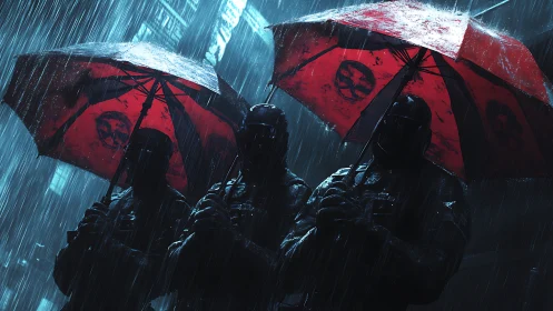 Paramilitary silhouettes under red skull umbrellas in rainstorm.