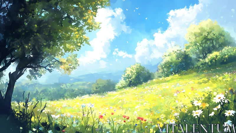 Sunlit wildflower meadow under expansive cumulus sky in spring