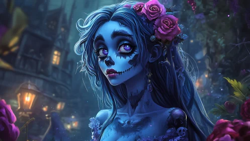 Undead bride portrait under moonlit gothic garden sky.