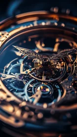 Macro view of skeleton tourbillon watch escapement in bicolor metal