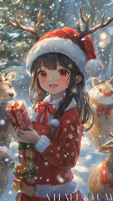Anime Christmas girl in reindeer costume, soft lit snowfall scene.