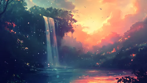 Mystical Waterfall at Sunset Over Luminous Waters