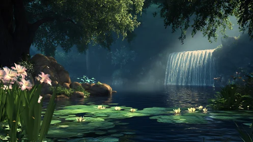 Sunlit forest waterfall pours into a tranquil lily pond