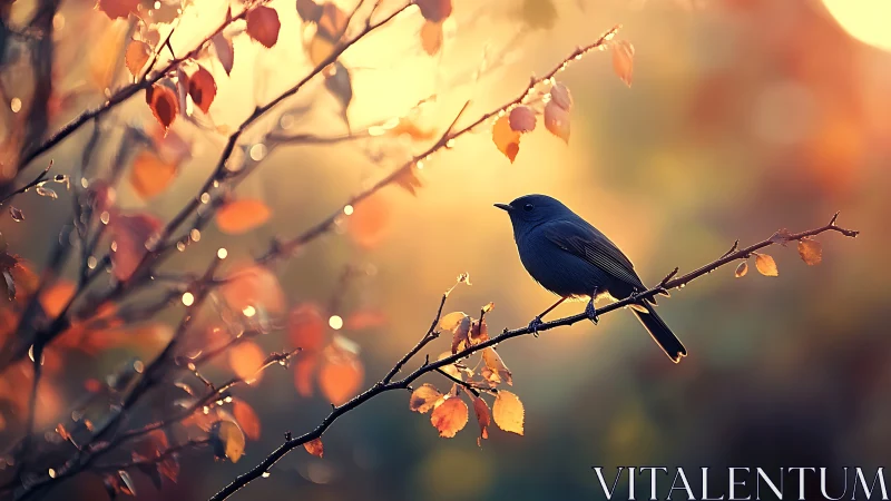 Blue Bird on Autumn Branch with Golden Bokeh Light