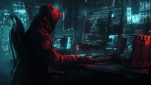 Midnight code phantom in neon-laced cybernetic gloom.