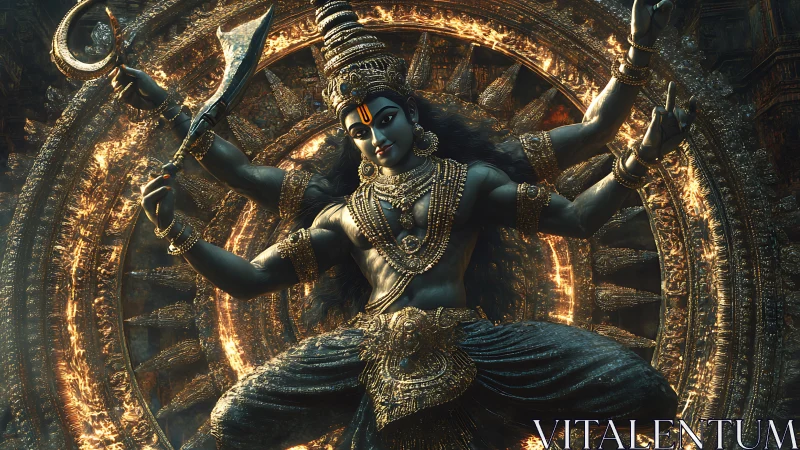 Cosmic dancer spirals through molten halo of sacred fire.