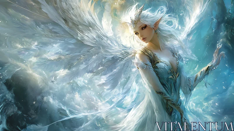 Ethereal winged elf queen in luminous fantasy digital painting.