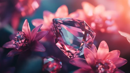Pink crystal gemstone among glowing fantasy flowers.