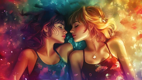 Two Women Embracing with Golden and Crimson Light.