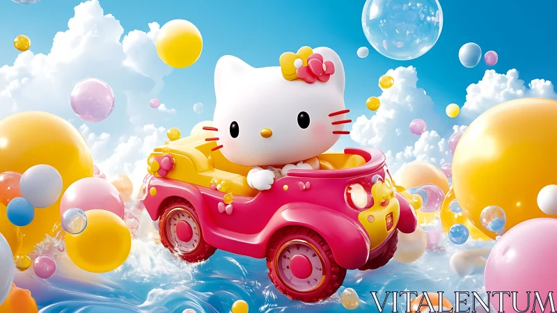 High-gloss 3D kitty figurine drives stylized car amid floating spheres