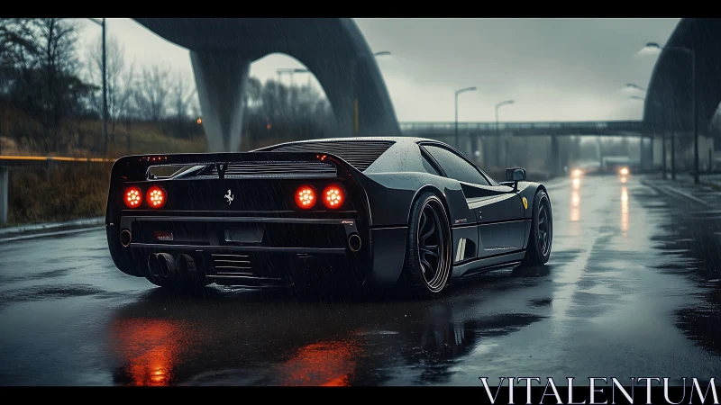 Rear three-quarter view of black supercar on rainy highway