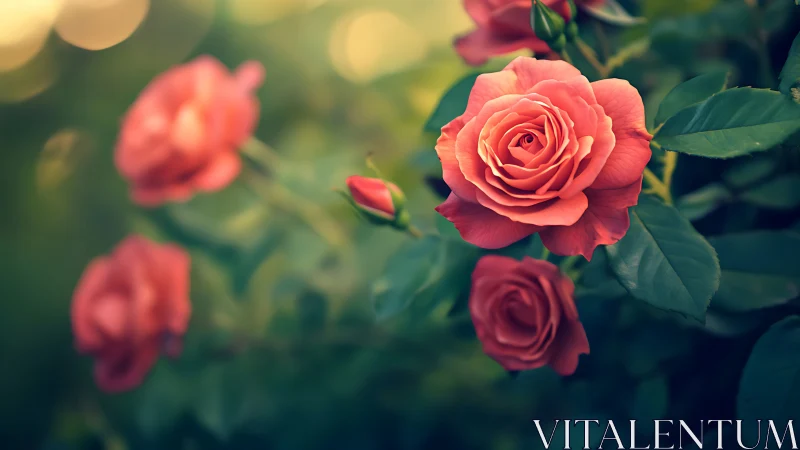 Coral Roses in Garden Setting with Soft Bokeh Background