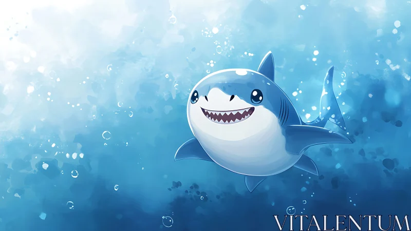 Cartoon baby shark swims forward in bright blue water