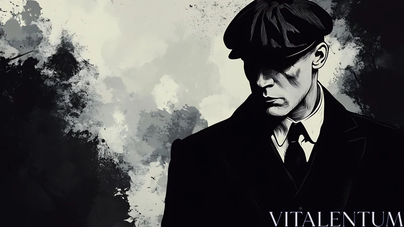 Shadowed gentleman in ink-washed noir storm of silence.