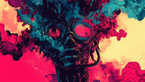 Abstract humanoid figure with swirling smoke and goggles.