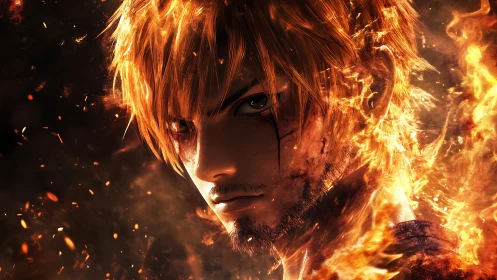Fiery anime warrior portrait in dynamic ember lighting.