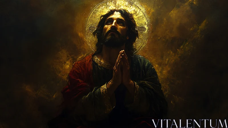 Oil-style devotional portrait with luminous central halo focus.