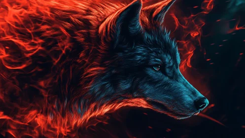Bioluminescent wolf profile rendered in fiery dual-color lighting