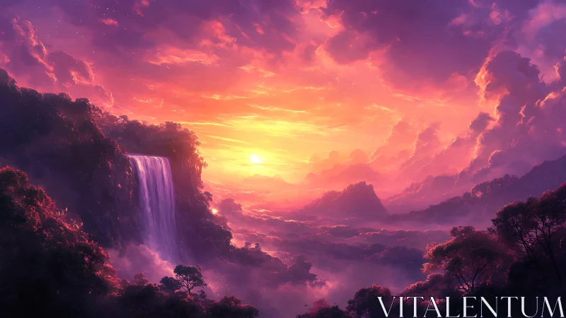 Sunlit waterfall over misty valley with layered hills. Period.