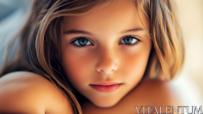 Young girl with striking blue eyes gazes thoughtfully into distance.