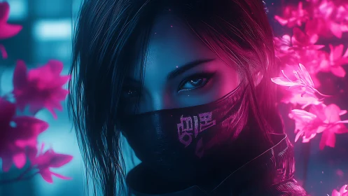 Masked cybernetic kunoichi framed by neon sakura bloom glow