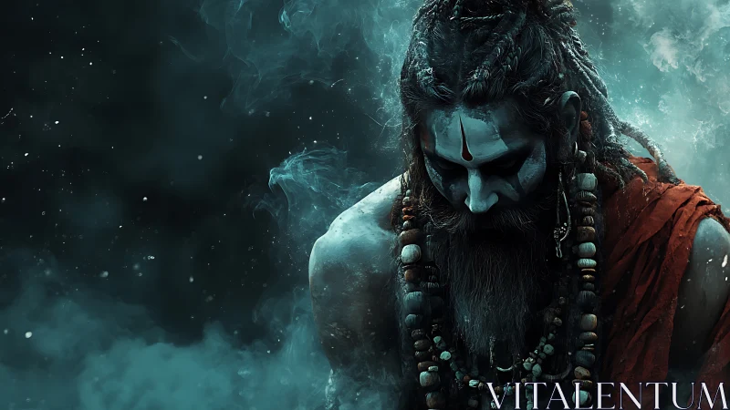 Mystic ash-smeared ascetic emerging from swirling teal smoke.