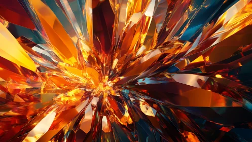 Exploding crystal shards radiate molten orange light