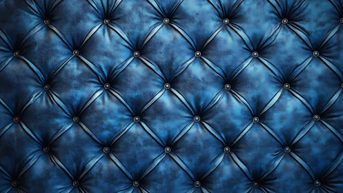 Deep blue tufted leather upholstery with diamond grid pattern.