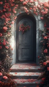 Stone doorway with climbing red roses and scattered petals.