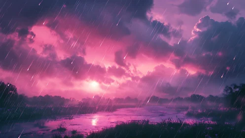 Vibrant pink storm sky over reflective marshland scene.