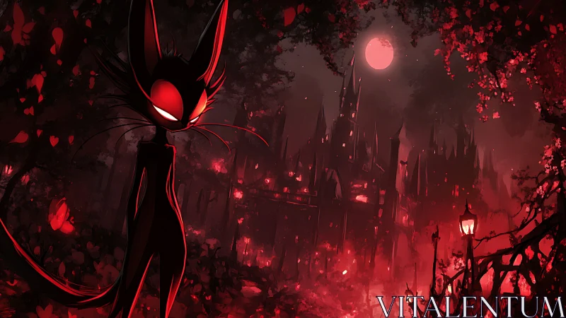 Sinister red-eyed cat stalks a gothic blood-moon cityscape.