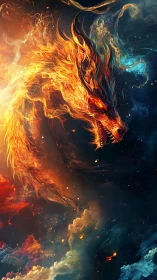 Fiery dragon form amid contrasting cosmic color fields.