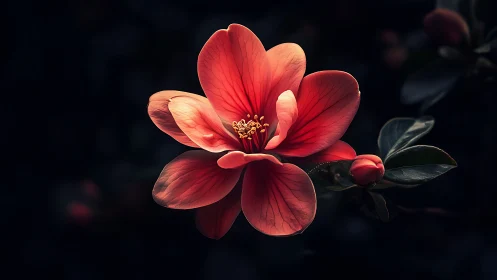 Luminescent Red Flower with Intricate Petal Veining and Golden Stamen.