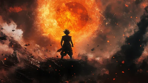 Backlit warrior silhouette before incandescent energy sunscape.