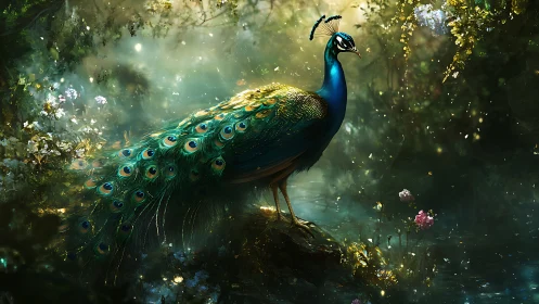 Radiant peacock standing over luminous forest pond.