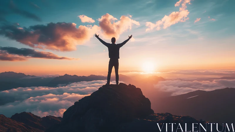 Silhouette on mountain summit against layered cloud horizon.