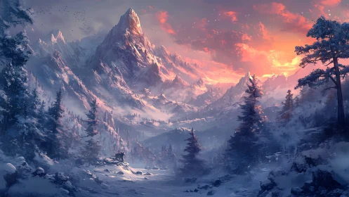 Snow covered mountain valley glows under vivid sunset sky